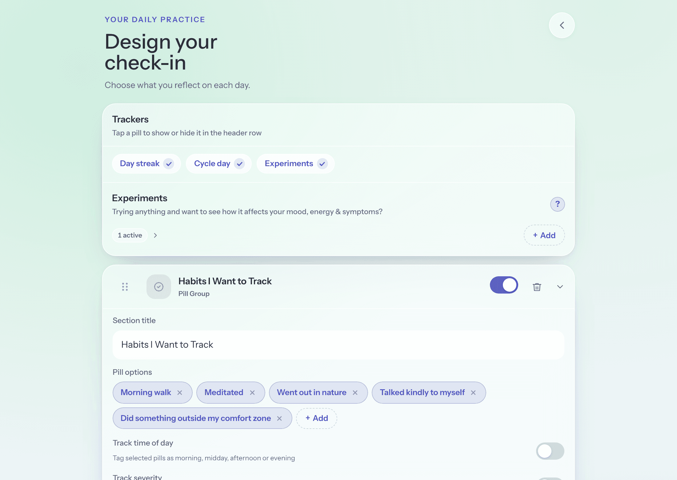 The check-in template editor: header trackers like day streak and cycle day toggle on and off, then the habits section with its own editable list, then daily ratings - every part can be renamed, reordered or switched off