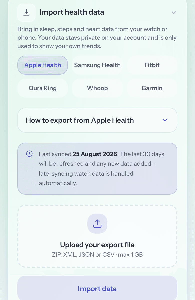 The import panel: 'Your data stays private and is only used to help identify patterns in your journal', a row of sources - Apple Health, Samsung Health, Fitbit, Oura, Whoop and Garmin - a how-to-export guide, and a drop zone to upload your export file