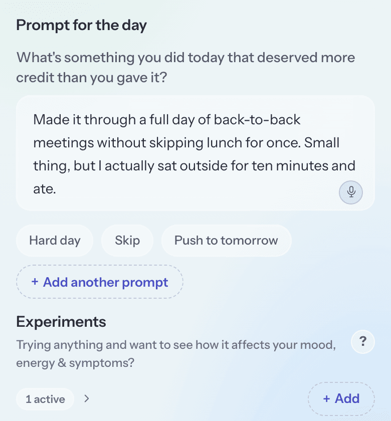 The daily journal prompt, with a permanent question above the answer box and Hard day, Skip, and Push to tomorrow buttons below it
