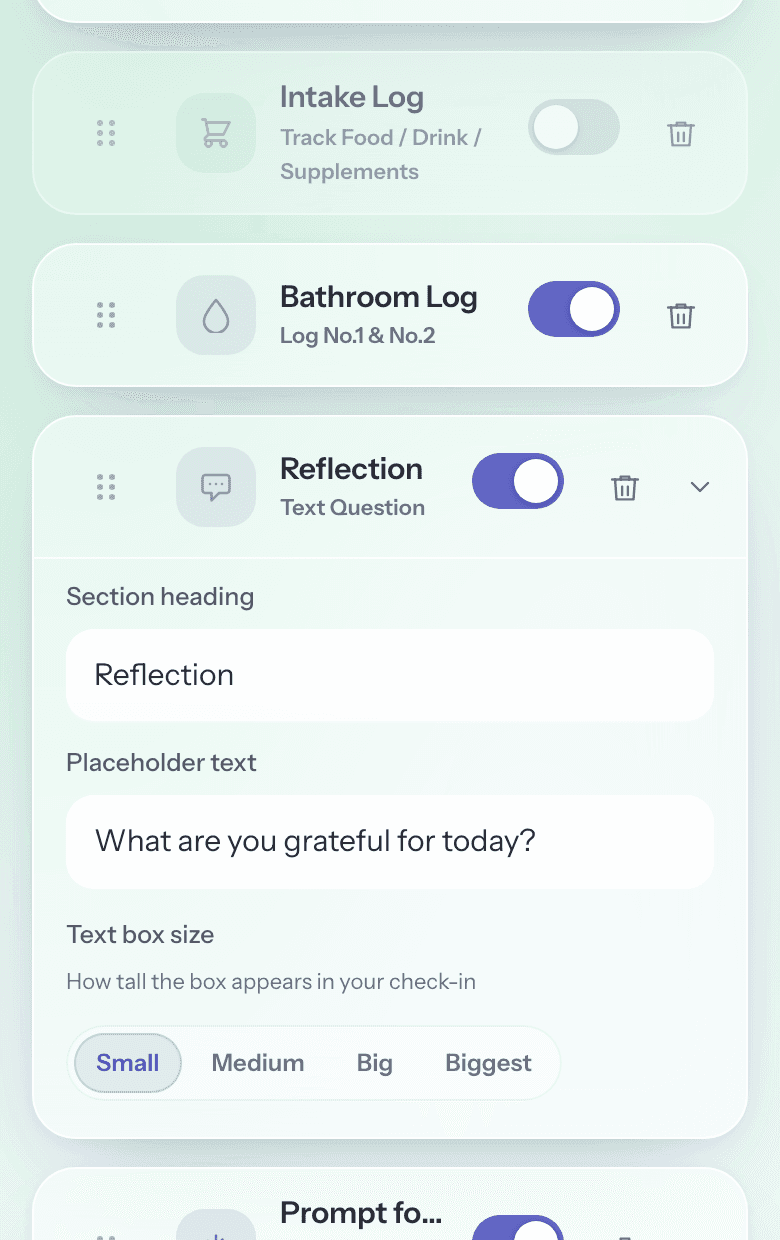 The template editor with the intake log's switch turned off while the bathroom log stays on - any part of the check-in can be switched off, and back on, whenever you like
