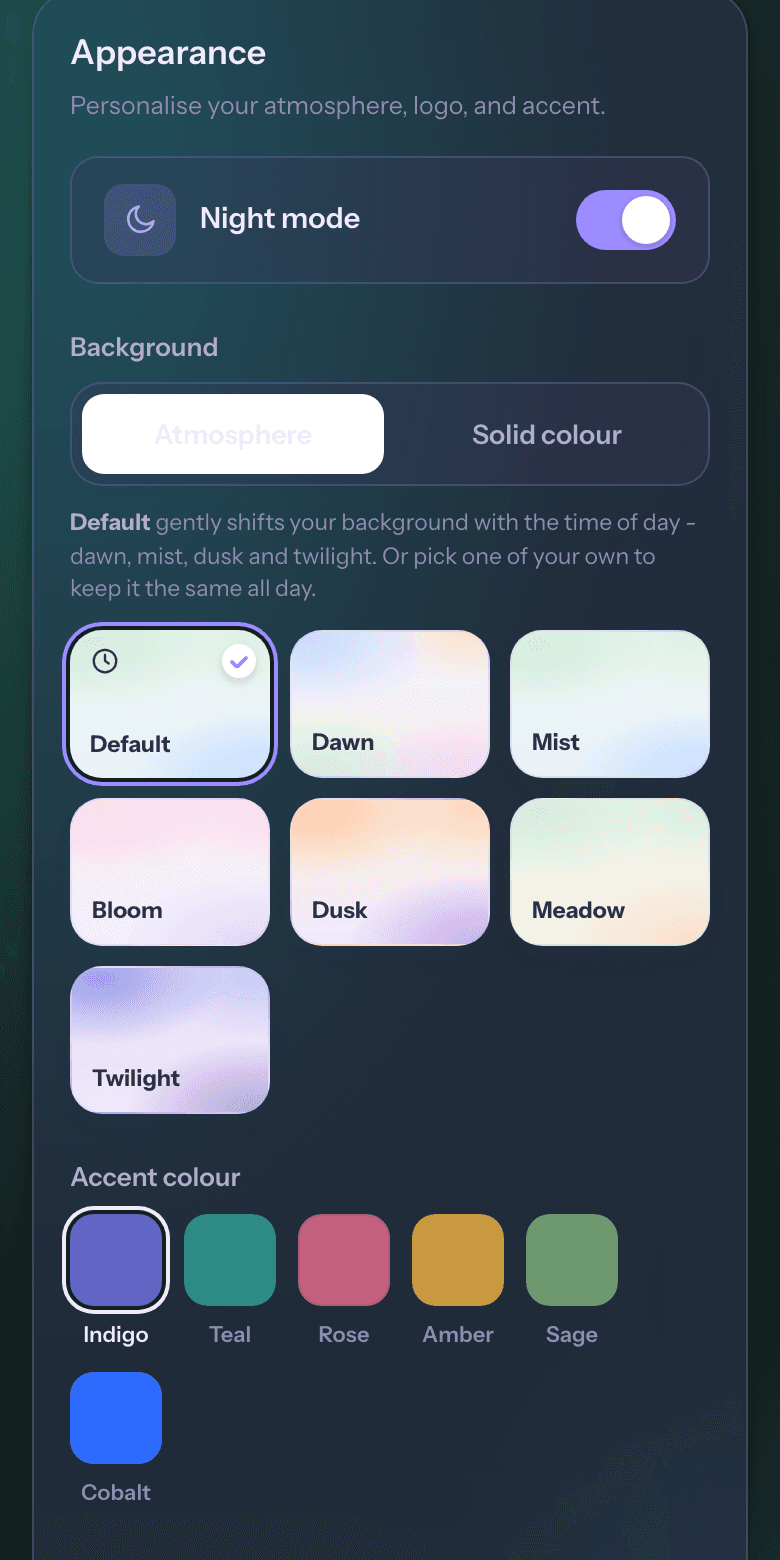 The Appearance settings with night mode on: the whole app in deep purple, with six atmosphere backgrounds and six accent colours to choose from